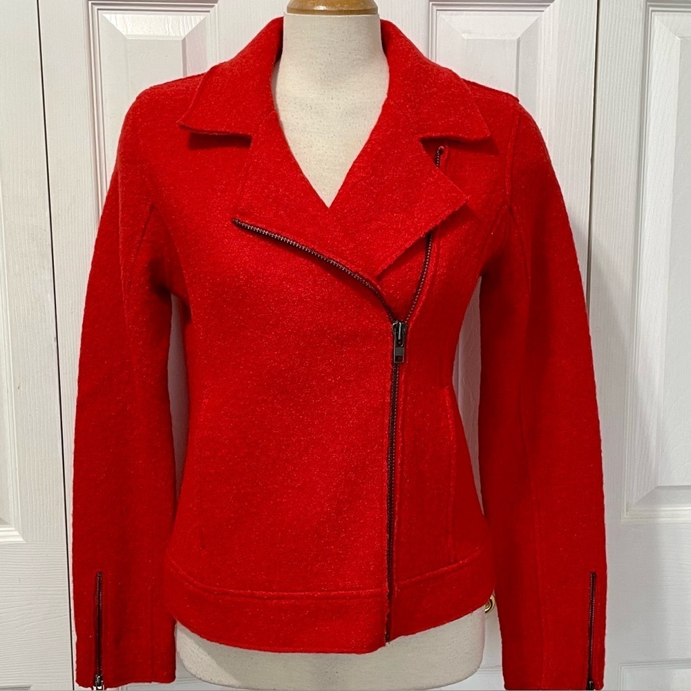 Tahari Red/Orange Wool Moto Jacket Size Medium